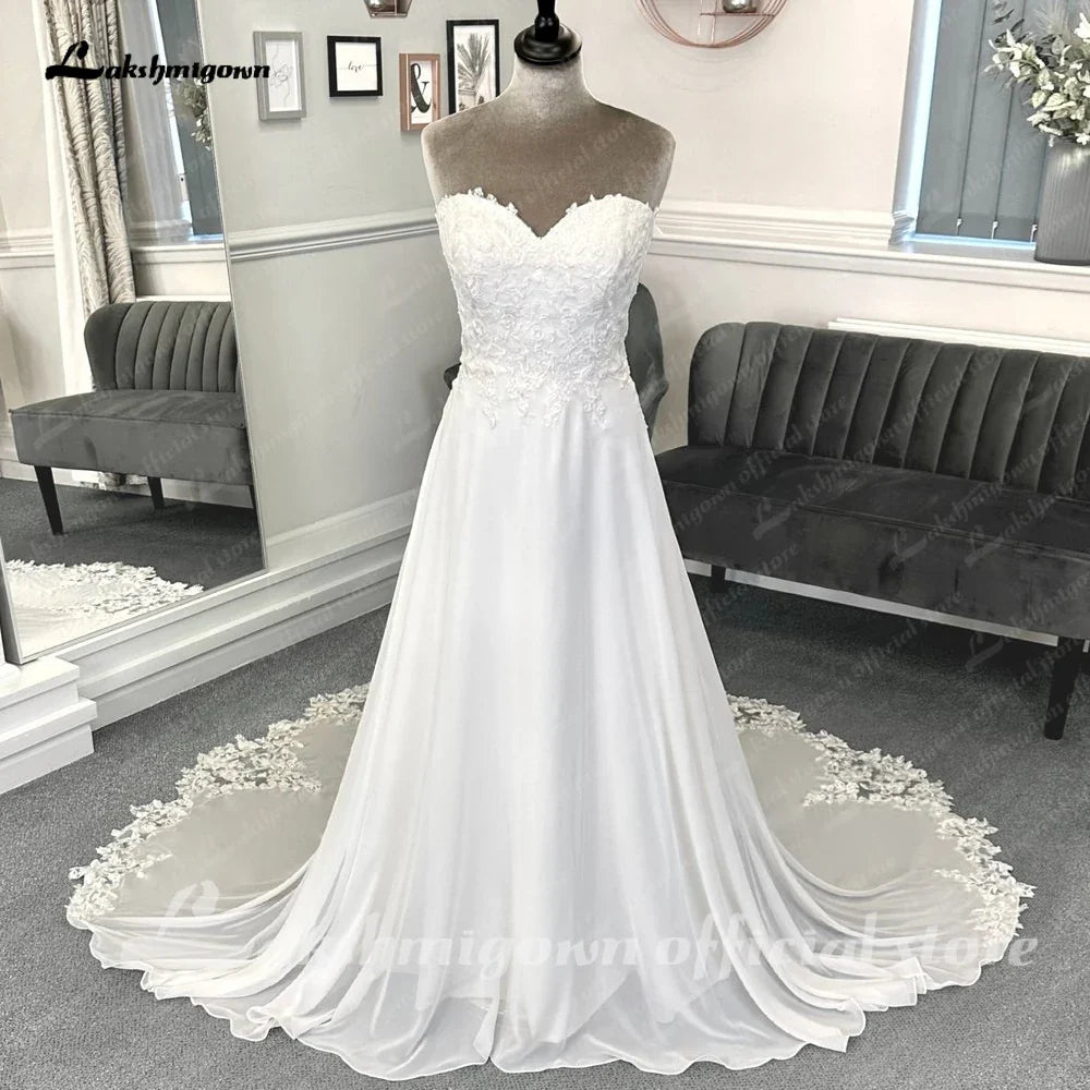 NumberSea - NumberSea Lace Appliques Boho Chiffon Wedding Dress with Detachable Sleeves Beach Women Civil Bridal Wedding Gowns