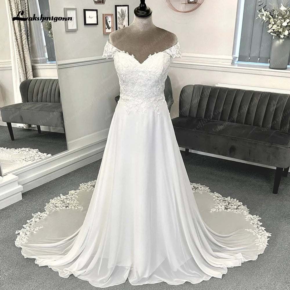 NumberSea - NumberSea Lace Appliques Boho Chiffon Wedding Dress with Detachable Sleeves Beach Women Civil Bridal Wedding Gowns