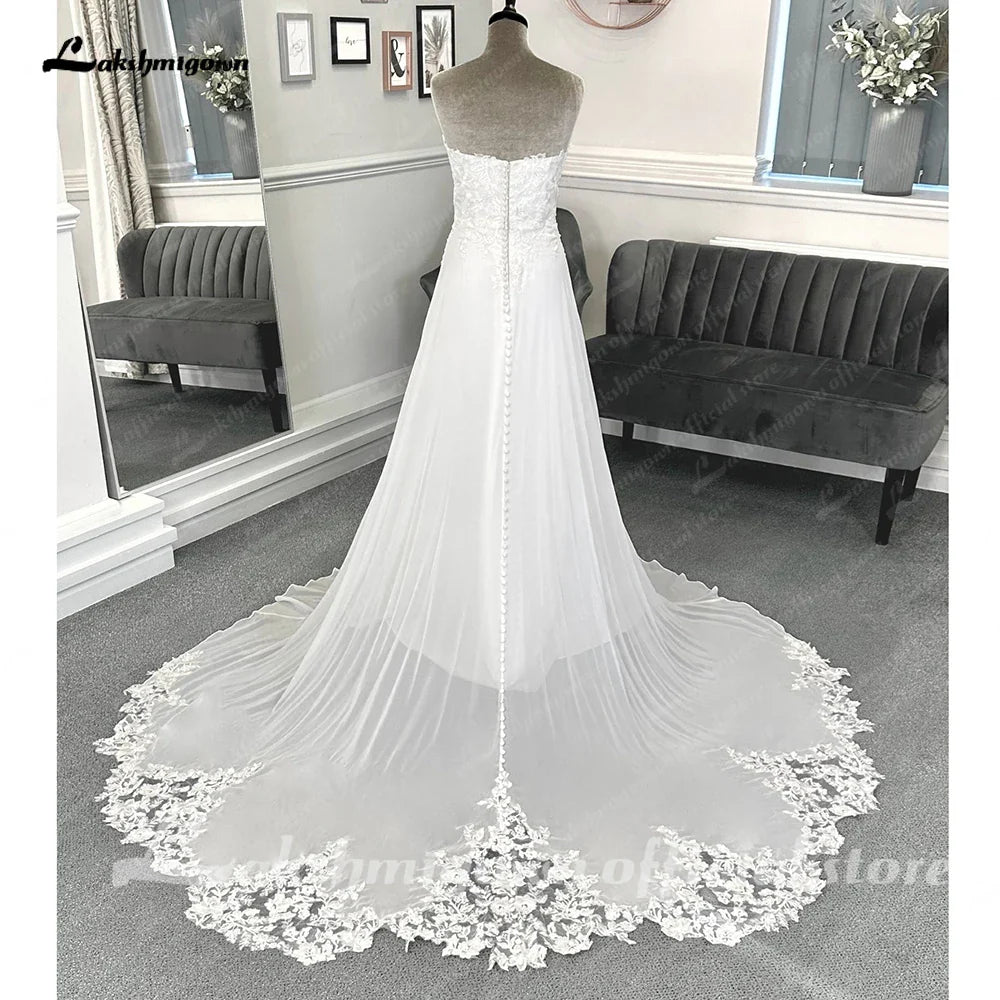 NumberSea - NumberSea Lace Appliques Boho Chiffon Wedding Dress with Detachable Sleeves Beach Women Civil Bridal Wedding Gowns