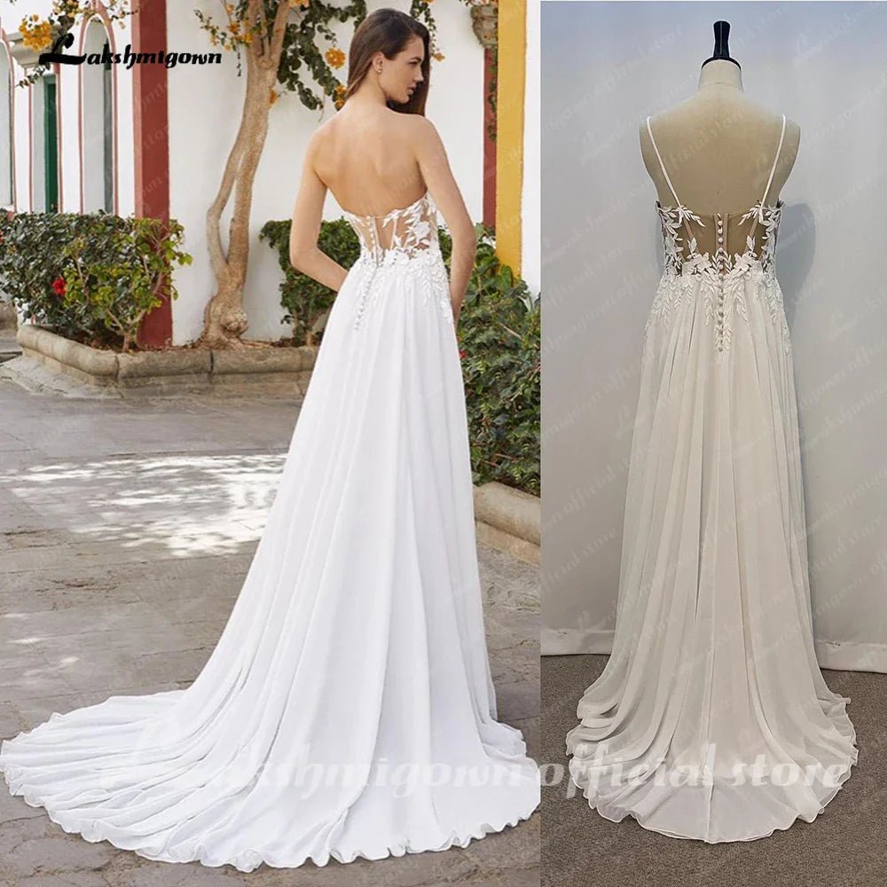 NumberSea - NumberSea Lace Appliques Chiffon Open Back V - neck Spaghetti Straps Beach Wedding Dress A Line 2025 Vestido Novia