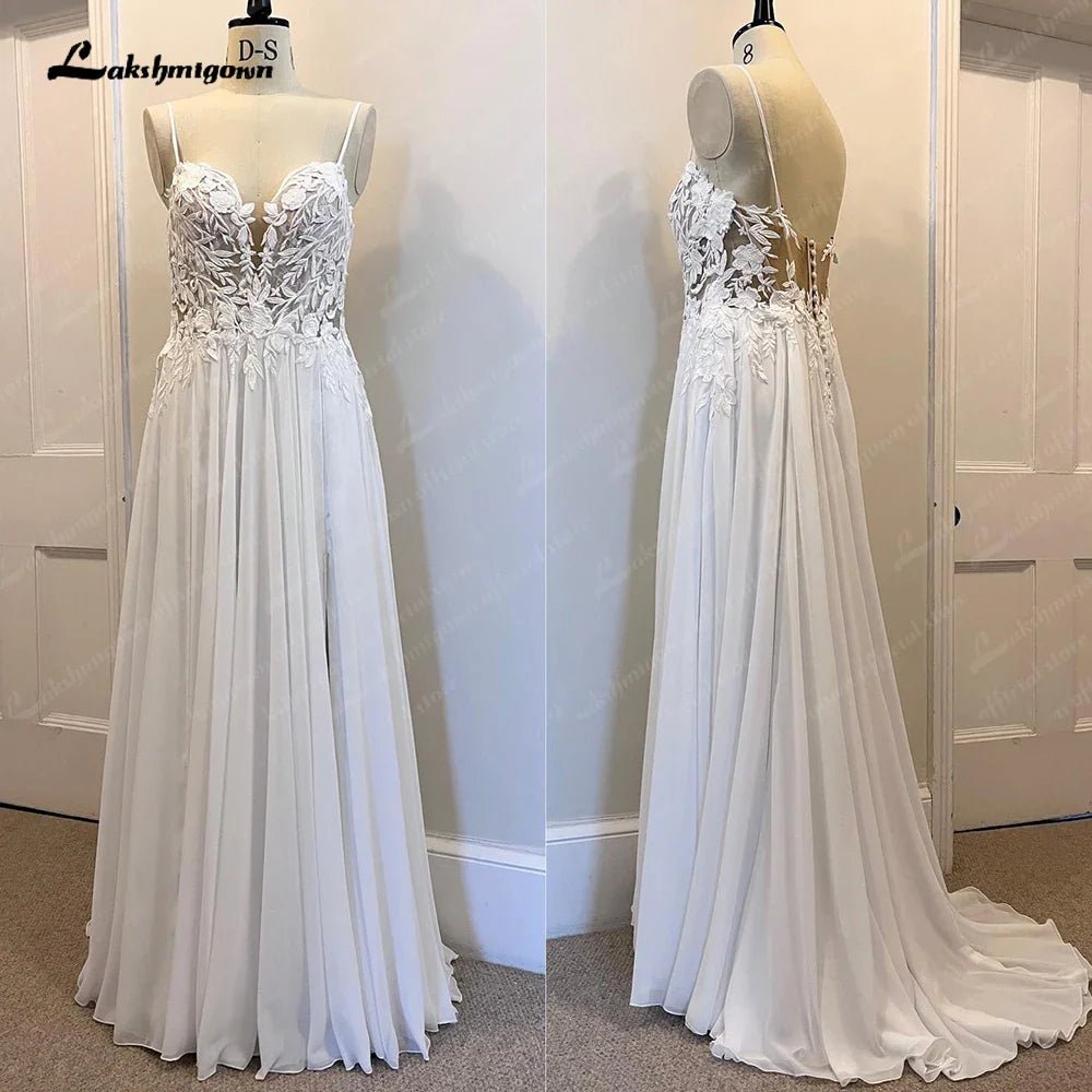 NumberSea - NumberSea Lace Appliques Chiffon Open Back V - neck Spaghetti Straps Beach Wedding Dress A Line 2025 Vestido Novia