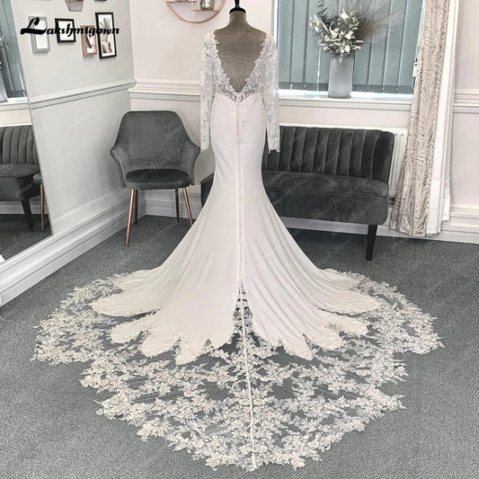 NumberSea - NumberSea Lace Appliques V Neck Soft Satin Long Sleeves Mermaid/Trumpet Boho Wedding Dress Illusion robe mariée sirene