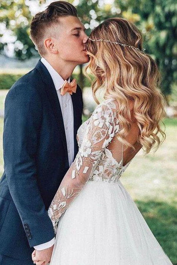 NumberSea - NumberSea Lace Backless A - Line V - neck Long Sleeves Wedding Dresses, Bridal Dresses, MW552