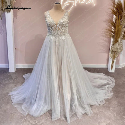 NumberSea - NumberSea Lace Beads Champagne V Neck Wedding Dress for Women 2025 Bridal Gown Cutsom Made Court Train vestidos para mujer