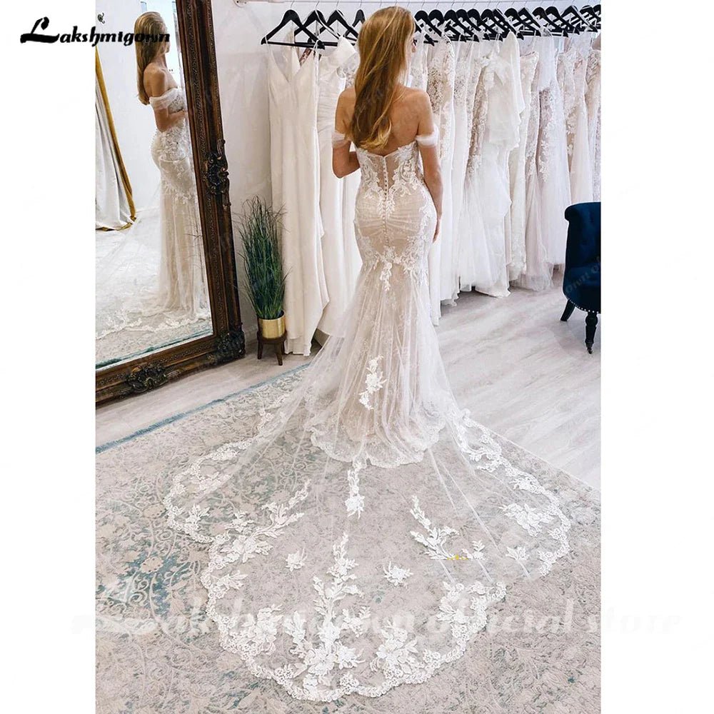 NumberSea - NumberSea Lace Boho Wedding Dress 2025 Off The Shoulder Sweetheart Appliques Cut Out Long Train Vestido de novia corte sirena