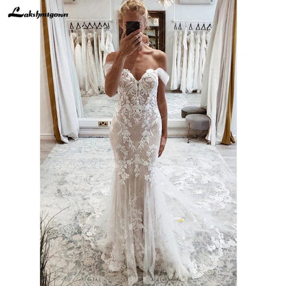 NumberSea - NumberSea Lace Boho Wedding Dress 2025 Off The Shoulder Sweetheart Appliques Cut Out Long Train Vestido de novia corte sirena