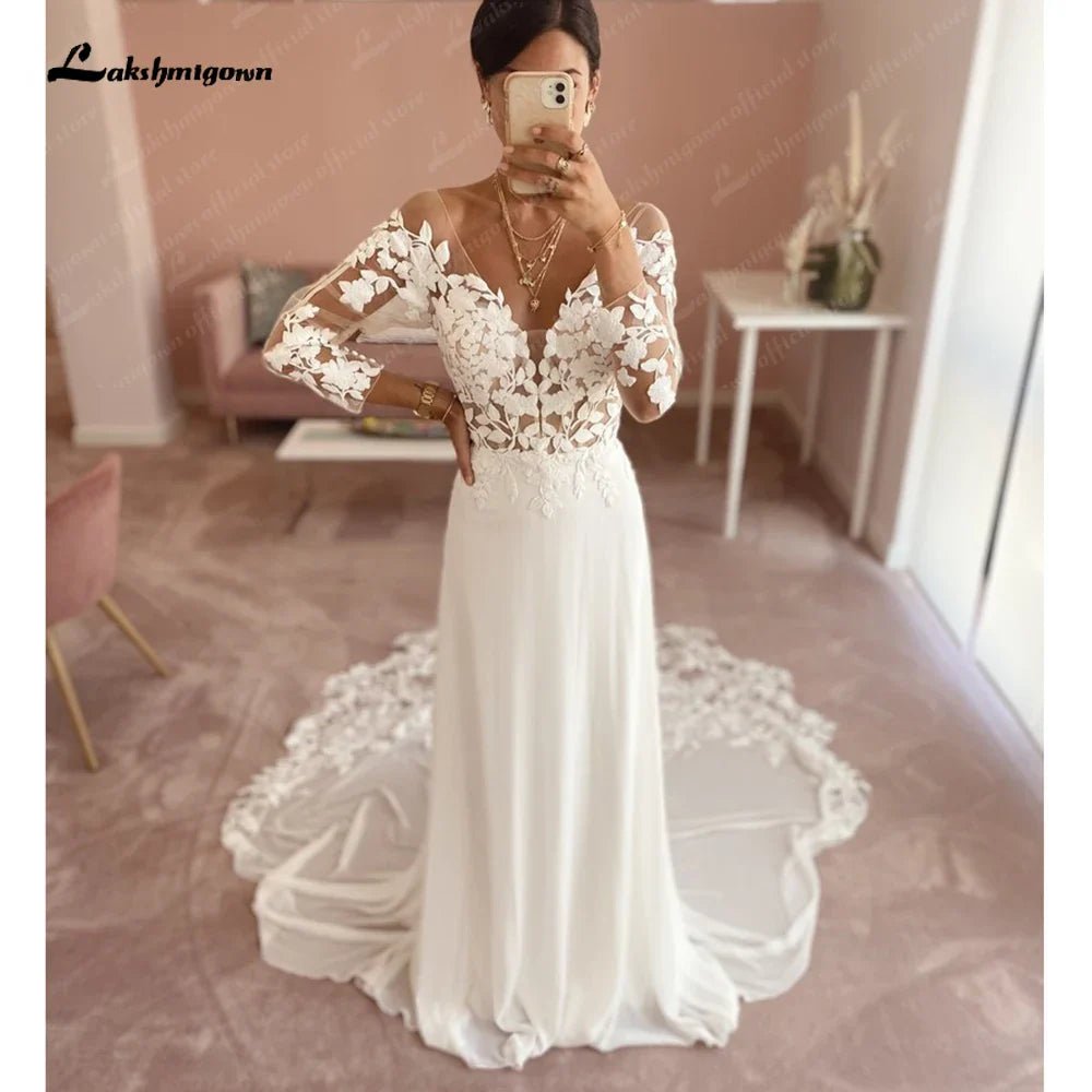 NumberSea - NumberSea Lace Chiffon Backless Wedding Dress for Women 2025 Long Sleeves Beach Bridal Gown Court Train vestidos para mujer