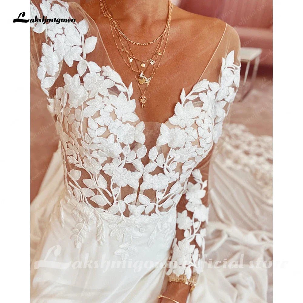 NumberSea - NumberSea Lace Chiffon Backless Wedding Dress for Women 2025 Long Sleeves Beach Bridal Gown Court Train vestidos para mujer