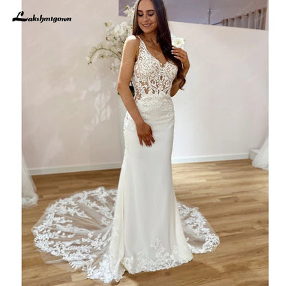 NumberSea - NumberSea Lace Crepe Mermaid Wedding Dress Vestidos Civil Boho Bridal Gowns Cut Out Long Train 2025 vestidos para mujer