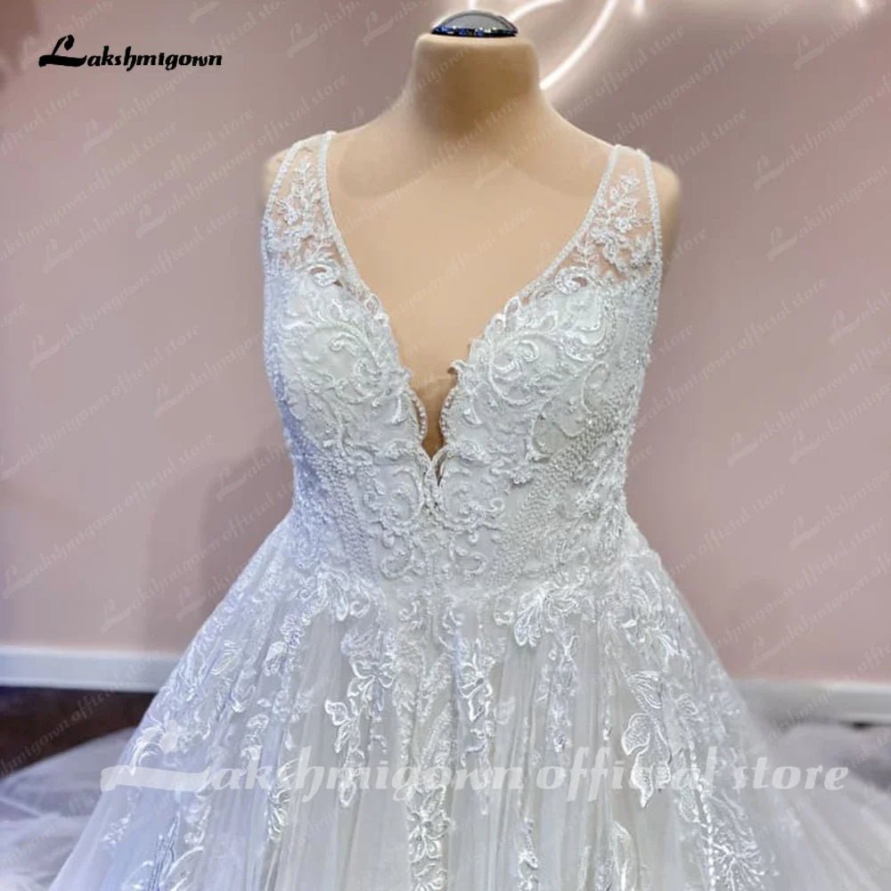 NumberSea - NumberSea Lace Floral V Neck Backless Wedding Dress for Women 2025 Bridal Gown Cutsom Made Sweep Train vestidos para mujer