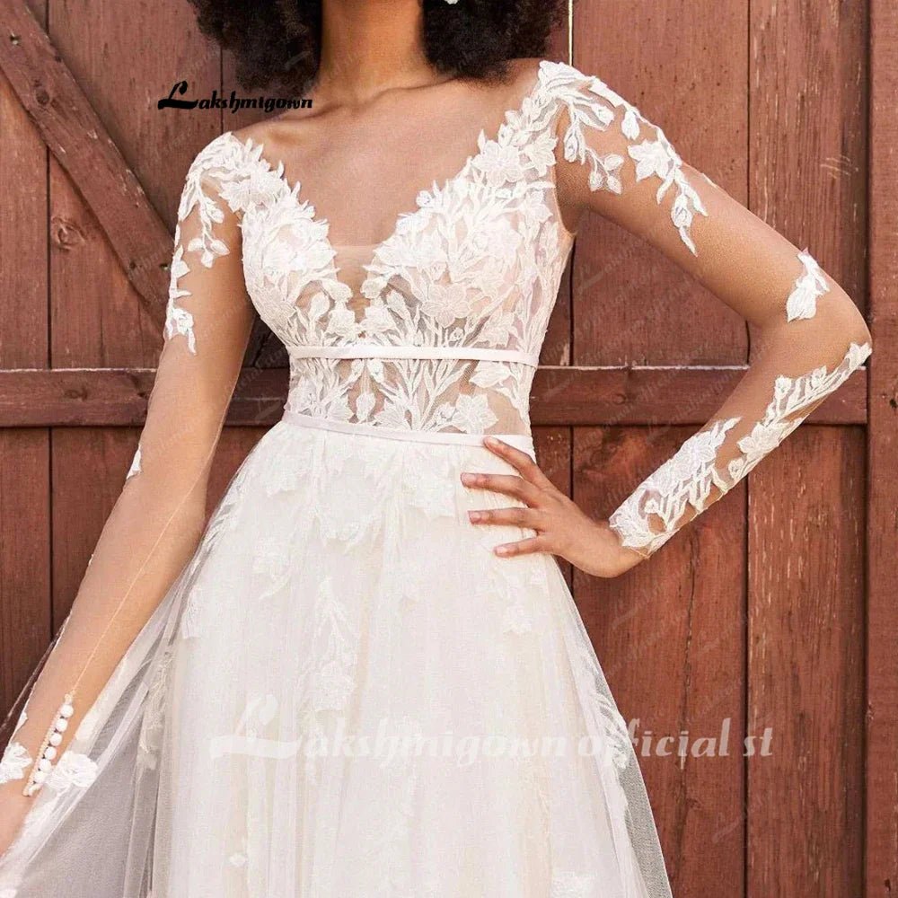 NumberSea - NumberSea Lace Long Sleeve Boho Wedding Dress 2025 Abito Da Sposa Garden Boho Wedding Gown Sexy V Neck Bridal Dress