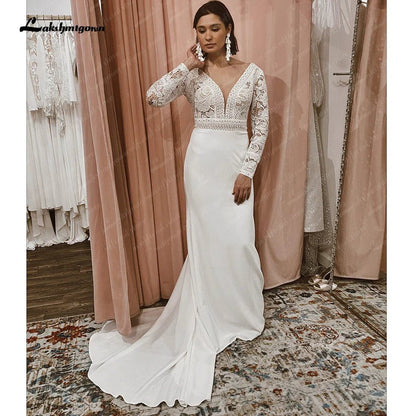 NumberSea - NumberSea Lace Long Sleeve Crepe Wedding Dresses 2025 Robe Satin Plus Size Mermaid Bridal Gowns Hochzeit