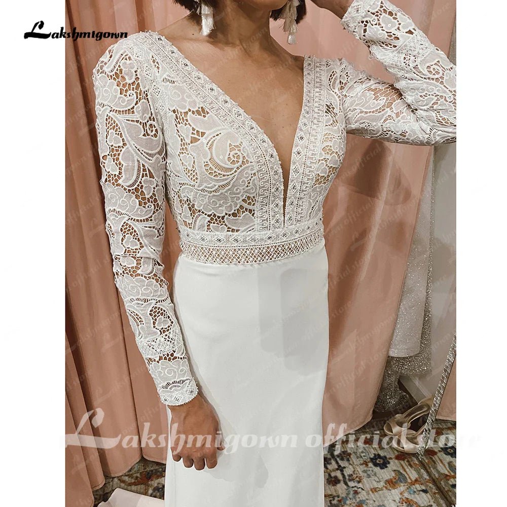 NumberSea - NumberSea Lace Long Sleeve Crepe Wedding Dresses 2025 Robe Satin Plus Size Mermaid Bridal Gowns Hochzeit