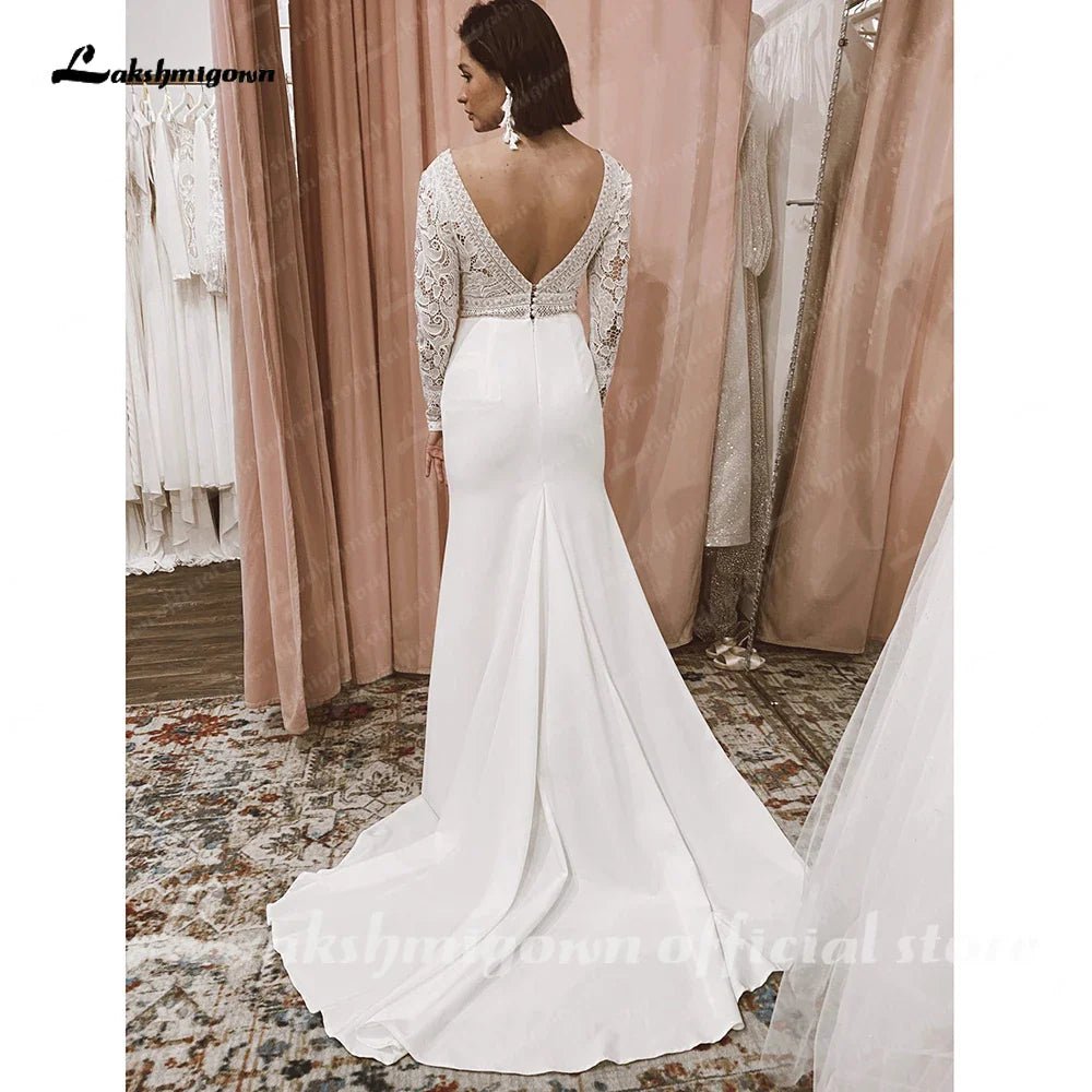 NumberSea - NumberSea Lace Long Sleeve Crepe Wedding Dresses 2025 Robe Satin Plus Size Mermaid Bridal Gowns Hochzeit