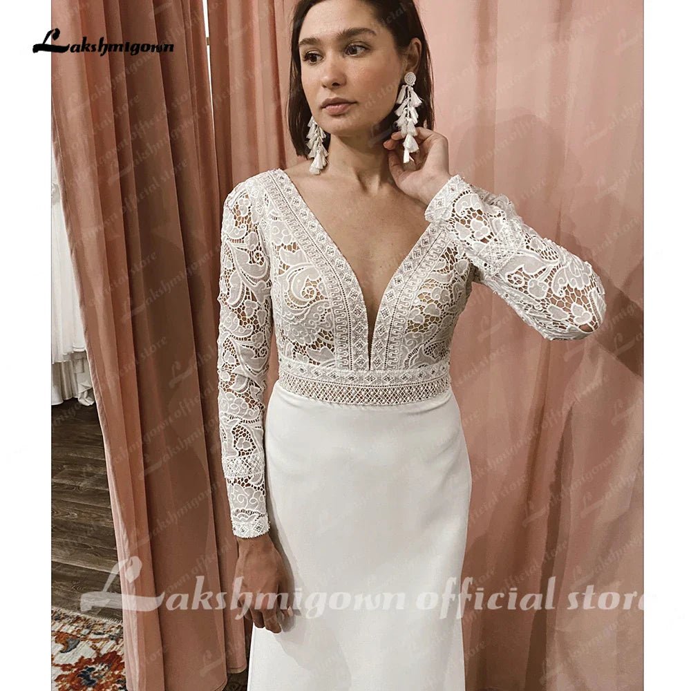 NumberSea - NumberSea Lace Long Sleeve Crepe Wedding Dresses 2025 Robe Satin Plus Size Mermaid Bridal Gowns Hochzeit