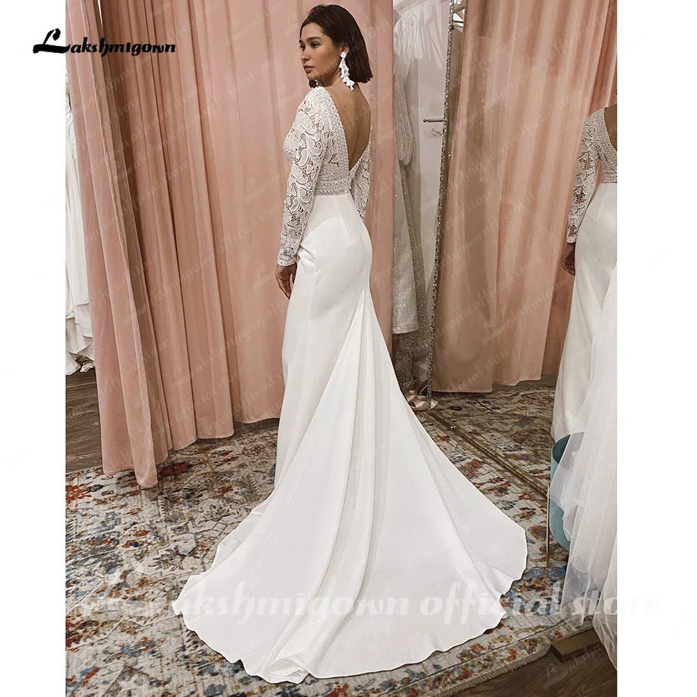 NumberSea - NumberSea Lace Long Sleeve Crepe Wedding Dresses 2025 Robe Satin Plus Size Mermaid Bridal Gowns Hochzeit