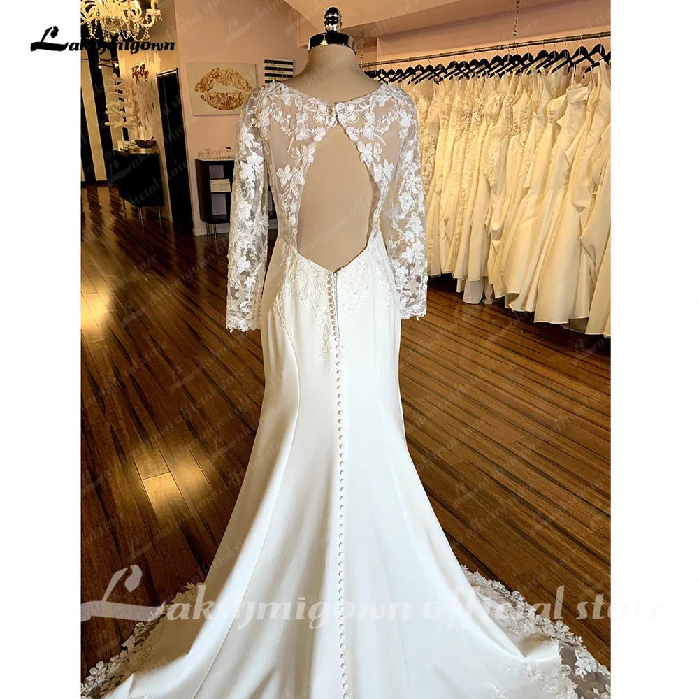 NumberSea - NumberSea Lace Long Sleeve Mermaid Boho Wedding Dress For Women Brautkleid 2025 Scoop Neck Bridal Church Lace Wedding Gowns