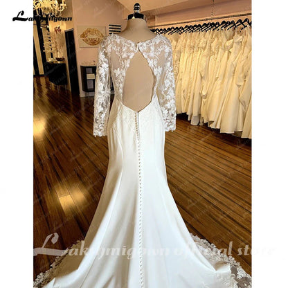 NumberSea - NumberSea Lace Long Sleeve Mermaid Boho Wedding Dress For Women Brautkleid 2025 Scoop Neck Bridal Church Lace Wedding Gowns