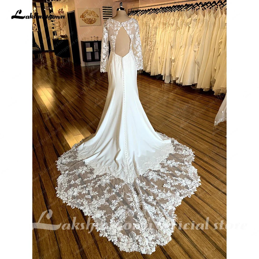 NumberSea - NumberSea Lace Long Sleeve Mermaid Boho Wedding Dress For Women Brautkleid 2025 Scoop Neck Bridal Church Lace Wedding Gowns