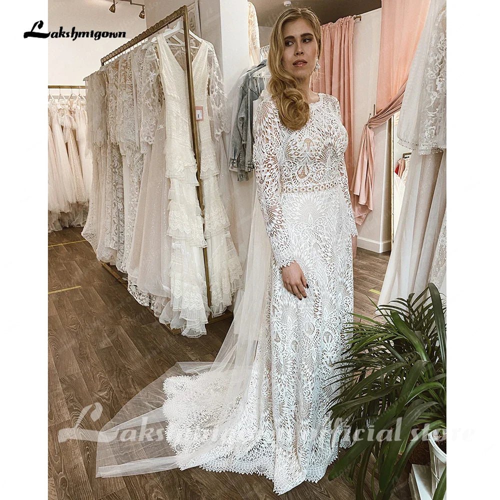 NumberSea - NumberSea Lace Long Sleeve Wedding Dresses A Line 2025 Robes Sexy Bridal Receipt Beach Boho Wedding Gowns backless