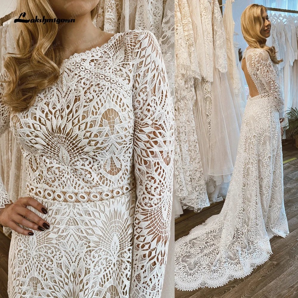 NumberSea - NumberSea Lace Long Sleeve Wedding Dresses A Line 2025 Robes Sexy Bridal Receipt Beach Boho Wedding Gowns backless