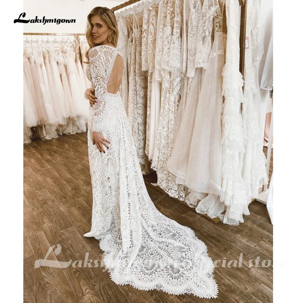 NumberSea - NumberSea Lace Long Sleeve Wedding Dresses A Line 2025 Robes Sexy Bridal Receipt Beach Boho Wedding Gowns backless