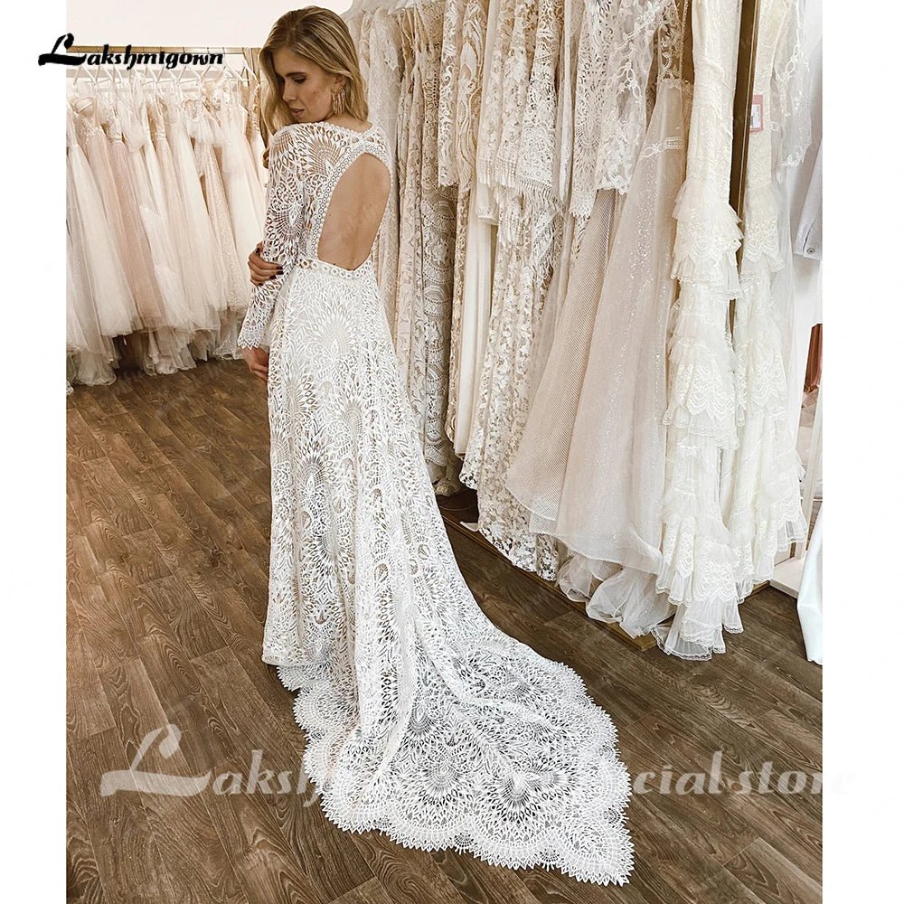 NumberSea - NumberSea Lace Long Sleeve Wedding Dresses A Line 2025 Robes Sexy Bridal Receipt Beach Boho Wedding Gowns backless