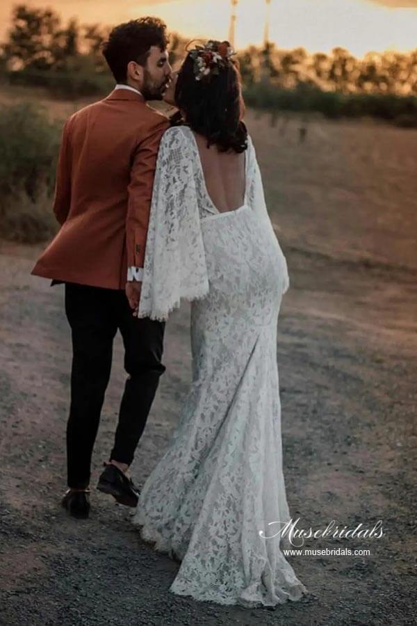 NumberSea - NumberSea Lace Mermaid Backless Long Sleeves Rustic Wedding Dresses, Bridal Gown, MW964