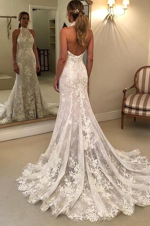 NumberSea - NumberSea Lace Mermaid Halter Neck Backless Wedding Dresses With Court Train, MW965