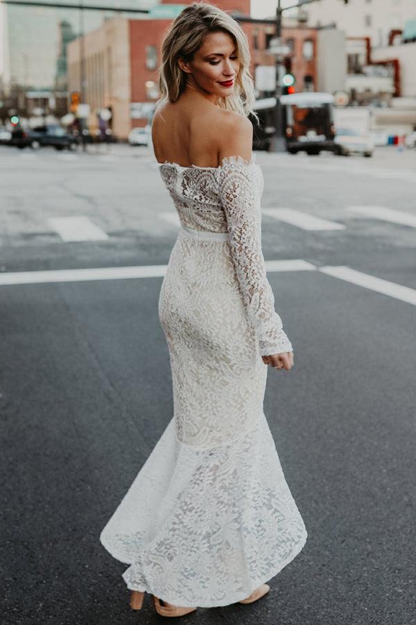 NumberSea - NumberSea Lace Mermaid Off Shoulder High Low Long Sleeves Wedding Dresses, MW1025