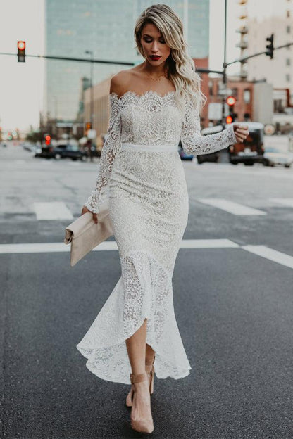 NumberSea - NumberSea Lace Mermaid Off Shoulder High Low Long Sleeves Wedding Dresses, MW1025