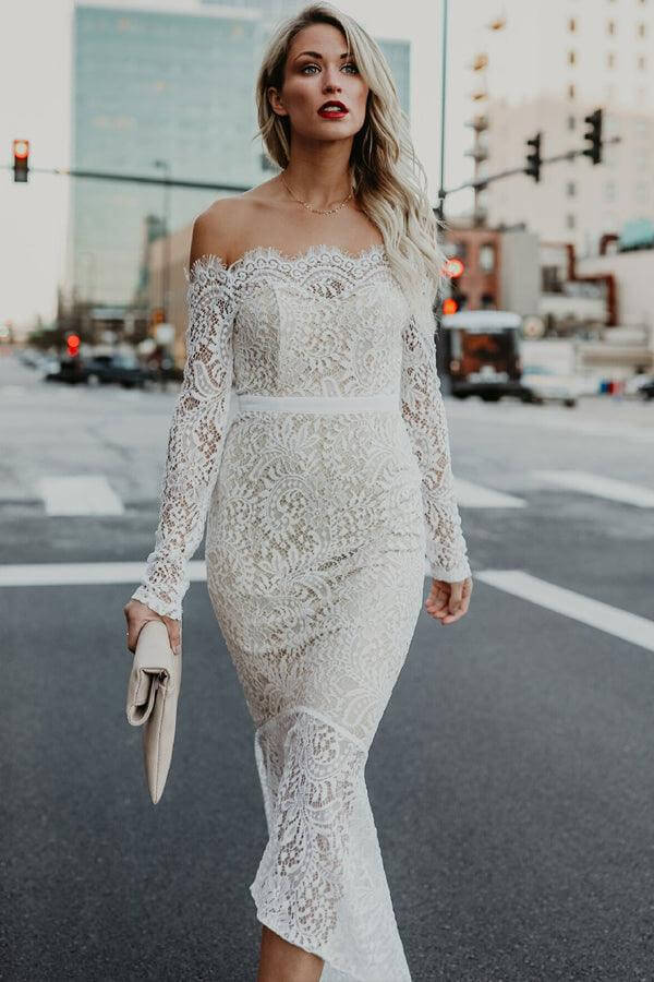 NumberSea - NumberSea Lace Mermaid Off Shoulder High Low Long Sleeves Wedding Dresses, MW1025