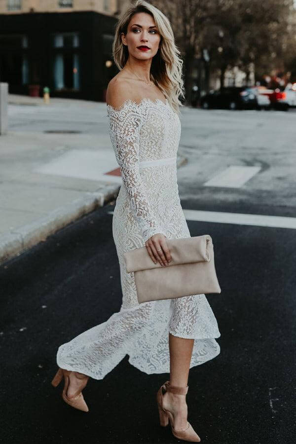 NumberSea - NumberSea Lace Mermaid Off Shoulder High Low Long Sleeves Wedding Dresses, MW1025