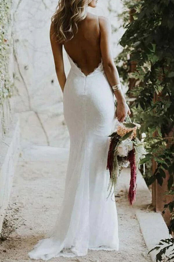 NumberSea - NumberSea Lace Mermaid Spaghetti Straps Backless Wedding Dresses, Bridal Gown, MW692