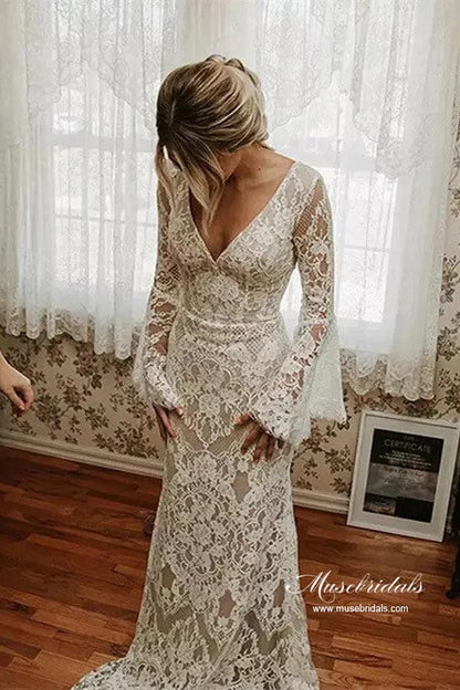 NumberSea - NumberSea Lace Mermaid V - neck Long Sleeves Backless Vintage Wedding Dresses, MW892