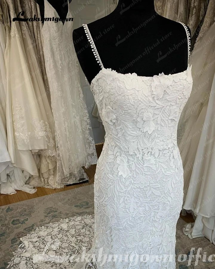 NumberSea - NumberSea Lace Mermaid Wedding Dress Scoop Neck Lace Applique Spaghetti Straps Bridal Gown Court Train Civil Robe De Mariée