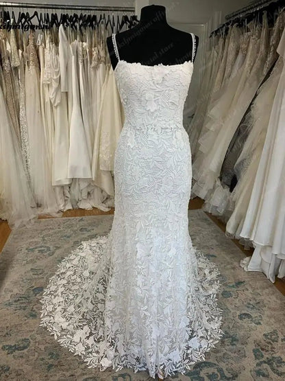 NumberSea - NumberSea Lace Mermaid Wedding Dress Scoop Neck Lace Applique Spaghetti Straps Bridal Gown Court Train Civil Robe De Mariée