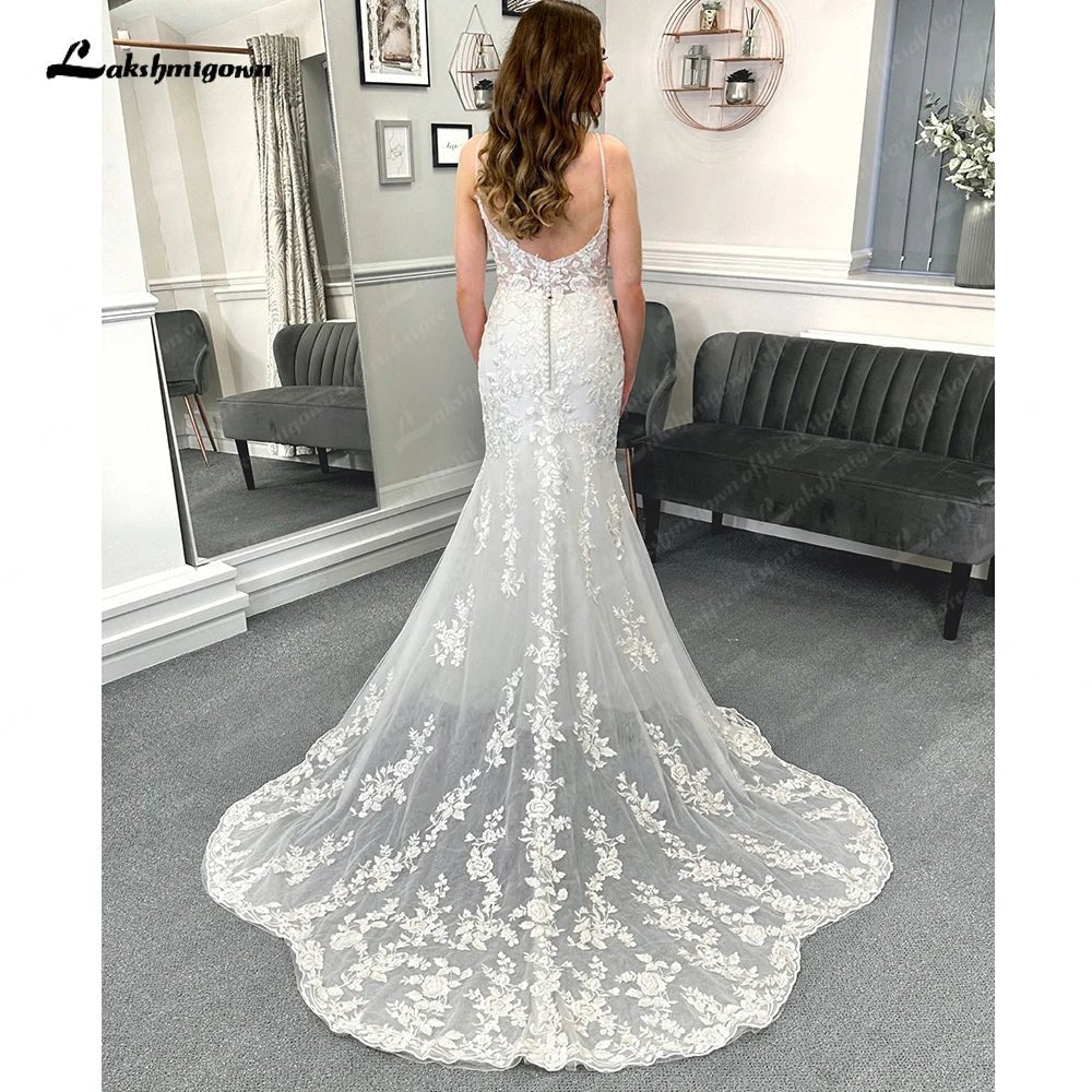 NumberSea - NumberSea Lace Mermaid Wedding Gowns for Women 2025 Plunging Sexy Bridal Boho Wedding Dresses Cut Out Court Train