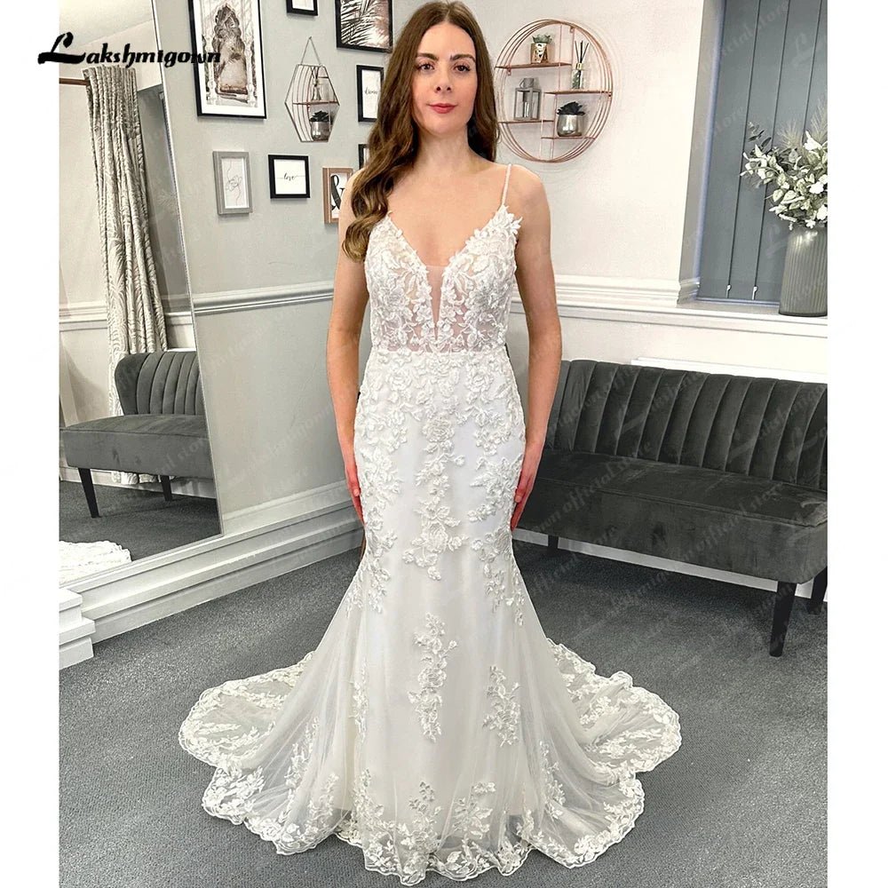 NumberSea - NumberSea Lace Mermaid Wedding Gowns for Women 2025 Plunging Sexy Bridal Boho Wedding Dresses Cut Out Court Train