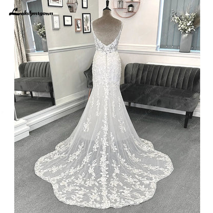 NumberSea - NumberSea Lace Mermaid Wedding Gowns for Women 2025 Plunging Sexy Bridal Boho Wedding Dresses Cut Out Court Train