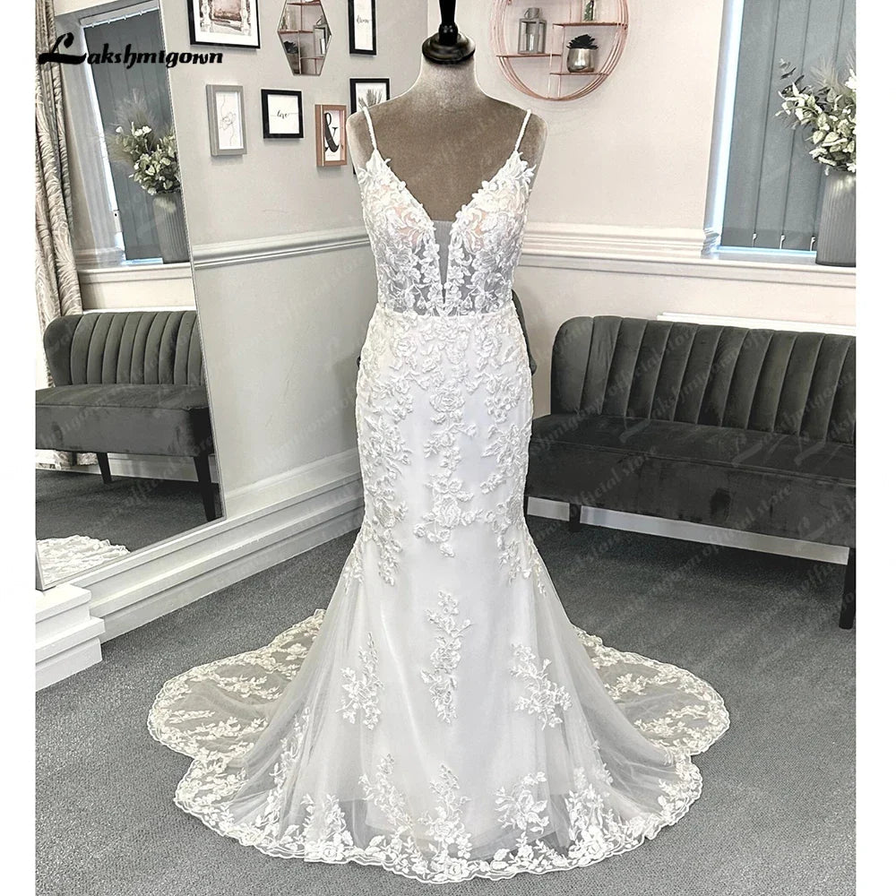 NumberSea - NumberSea Lace Mermaid Wedding Gowns for Women 2025 Plunging Sexy Bridal Boho Wedding Dresses Cut Out Court Train