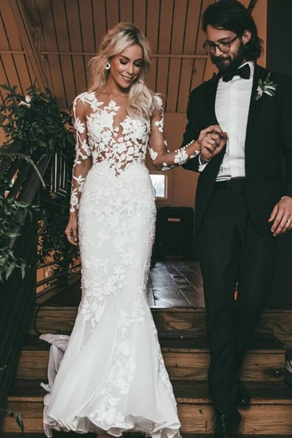 NumberSea - NumberSea Lace See Through Mermaid Long Sleeves Wedding Dresses, Bridal Dress, MW522