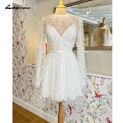 NumberSea - NumberSea Lace Short Wedding Dress With Detachable Jacket Dot Tulle Long Sleeves Bridal Gowns Robe De Mariage