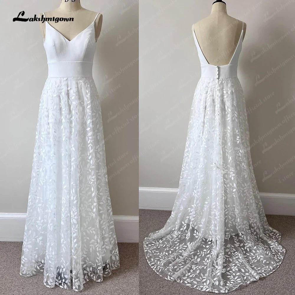 NumberSea - NumberSea Lace Wedding Dress Appliques V Neck Sweep Train Bride Gown Wedding Party Dresses Elegant Bridal Gown