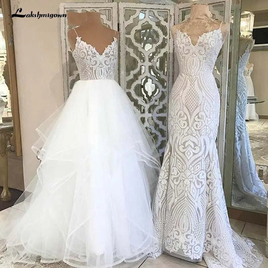 NumberSea - NumberSea lakshmigown V Neck Princess Tulle Wedding Dresses Thin Straps Puffy Bridal Dress Robes de Mariag A - line Wedding Dresses