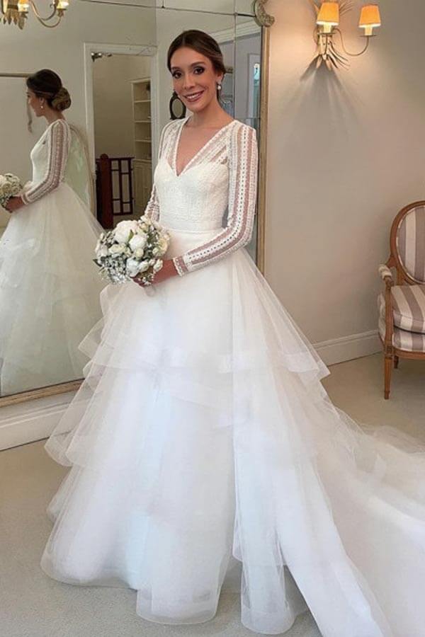 NumberSea - NumberSea Layered Tulle Ball Gown Lace V - neck Long Sleeves Wedding Dresses, MW985