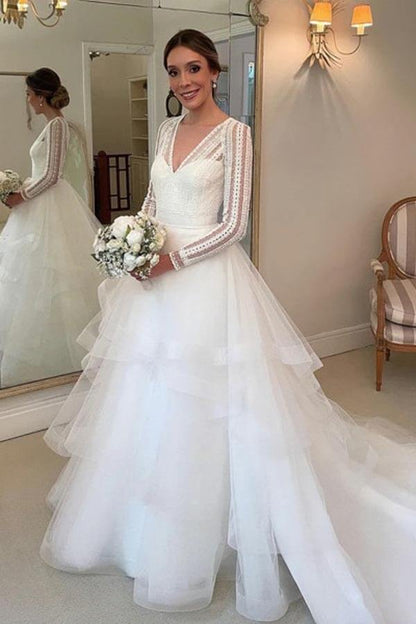 NumberSea - NumberSea Layered Tulle Ball Gown Lace V - neck Long Sleeves Wedding Dresses, MW985