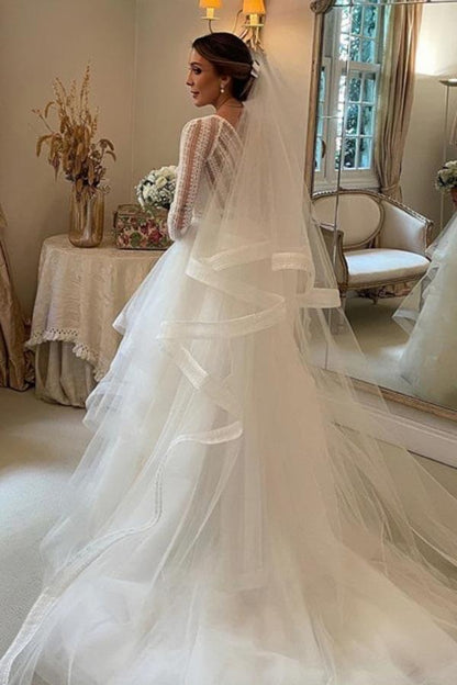 NumberSea - NumberSea Layered Tulle Ball Gown Lace V - neck Long Sleeves Wedding Dresses, MW985