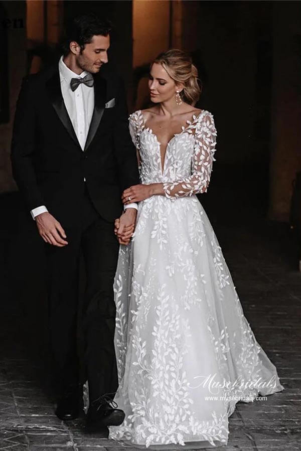 NumberSea - NumberSea Leaves Lace Tulle Long Sleeves Boho Wedding Dresses, Bridal Gown, MW962