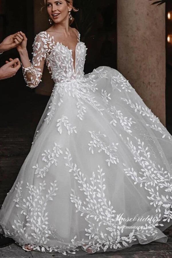 NumberSea - NumberSea Leaves Lace Tulle Long Sleeves Boho Wedding Dresses, Bridal Gown, MW962